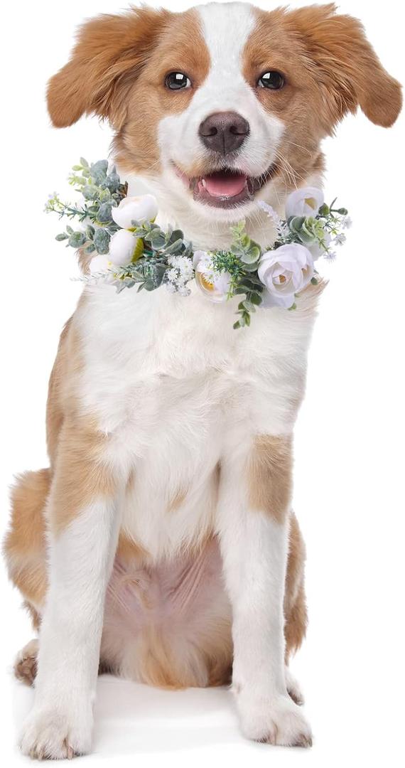 Honoson Dog Wedding Flower Collar Adjustable Artificial White Rose Floral Attire Wreath with Ribbon Photo Prop Accessories for Female Male Dog Engagement Bridal Shower(Large)
