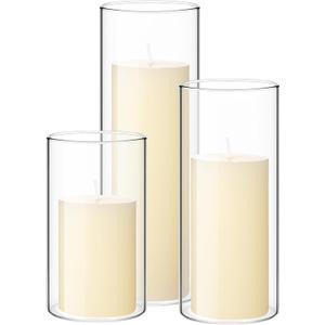 Shihanee Set of 3 Pillar Candles and 3 Glass Cylinder Candle Vases Holders Clear Pillar Jars for Wedding Centerpieces(2.6'' X 4.7'', 5.9'', 7.9'',Ivory White)
