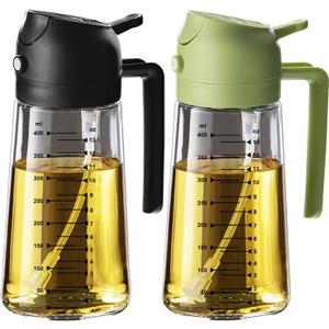 TrendPlain 16oz/470ml Glass Olive Oil Sprayer for Cooking  2 in 1 Olive Oil Dispenser Bottle for Kitchen Gadgets and Air Fryer Accessories, Salad, BBQ - Black & Green
