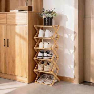 Bamboo Shoe Rack for Entryway, 6 Tier Vertical Shoe Rack Freestanding Shelf Foldable Storage Shoe Organizer for Living Room, Bedroom, Small Space, Wood Color