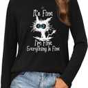 Long Sleeve T Shirts for Women Cute Cat Graphic Tees Im Fine Everything is Fine Tops Fall Crewneck Blouse Casual Outfits (Large, 0black)