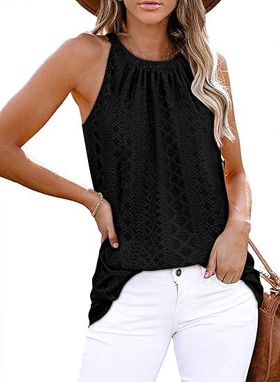 Zwurew Tank Top for Women Loose Fit High Neck Sleeveless Halter Tops Casual Pleated Eyelet Summer Flowy Cami Shirts Blouse (Small, Black)