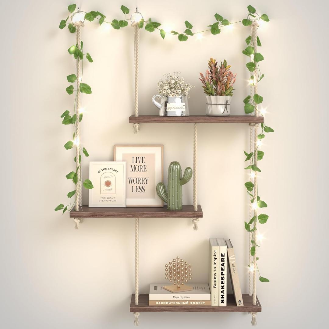Hanging Shelves for Wall with Vine Lights, 3 Tier Rope Wall Hanging Plant Shelf, Boho Wall Decor Aesthetic for Succulents, Bedroom, Living Room, Bathroom (Rustic Brown) (Green Leaf)