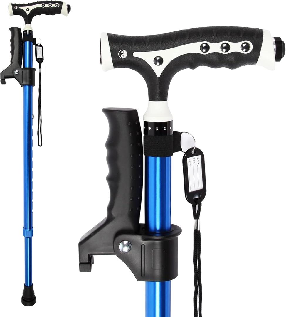 Hold 440 Lbs Walking Cane for Men & Women Aluminum Alloy Lightweight Height Adjustable Walking Stick Heavy Duty Foldbale Free Standing Cane with LED for Seniors Adults (Blue)