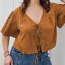 SHENHE Women's Plus Size Tie Front Tops Flounce Sleeve Deep V Neck Crop Casual Blouse Top (Brown, XXL)