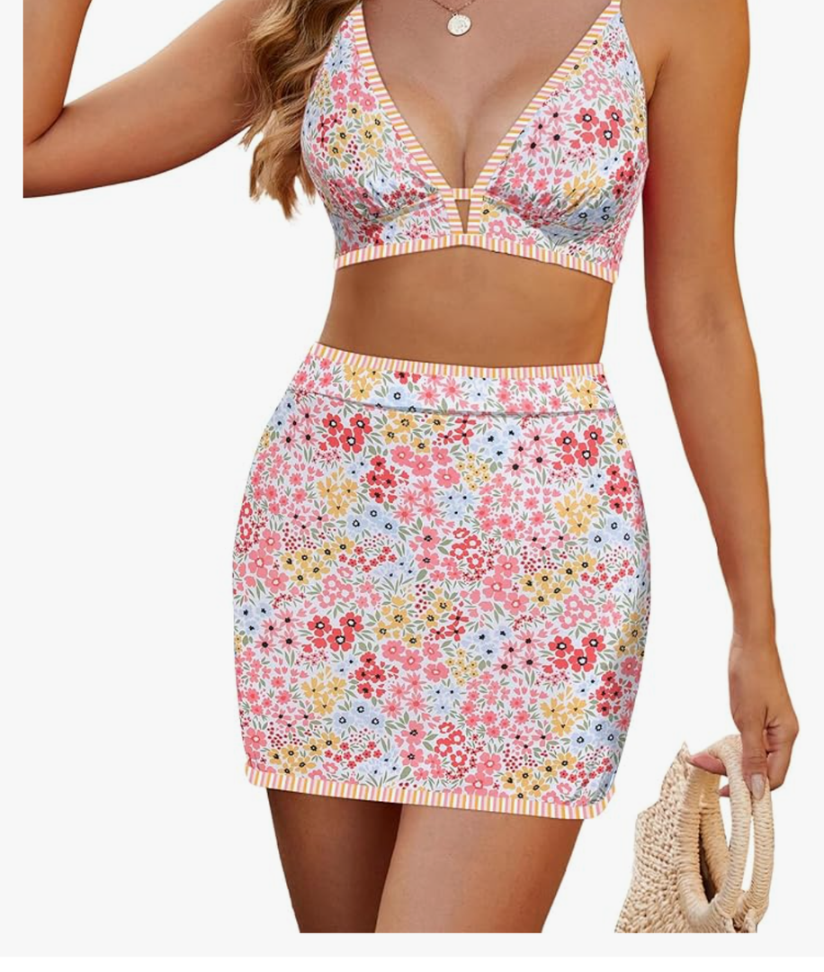 ZAFUL Women's High Waisted Bikini Sets Tummy Control Swim Skirt Color Block String Swimsuit Curvy Bathing Suits Size S