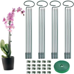 4 Set Metal Plant Sticks Support Tall 48 Inch Adjustable Plants Stem Support Rod Amaryllis Holder Stake Garden Flower Rings with 20PCS Clips 16.5' Plant Ties for Outdoor Indoor Plants