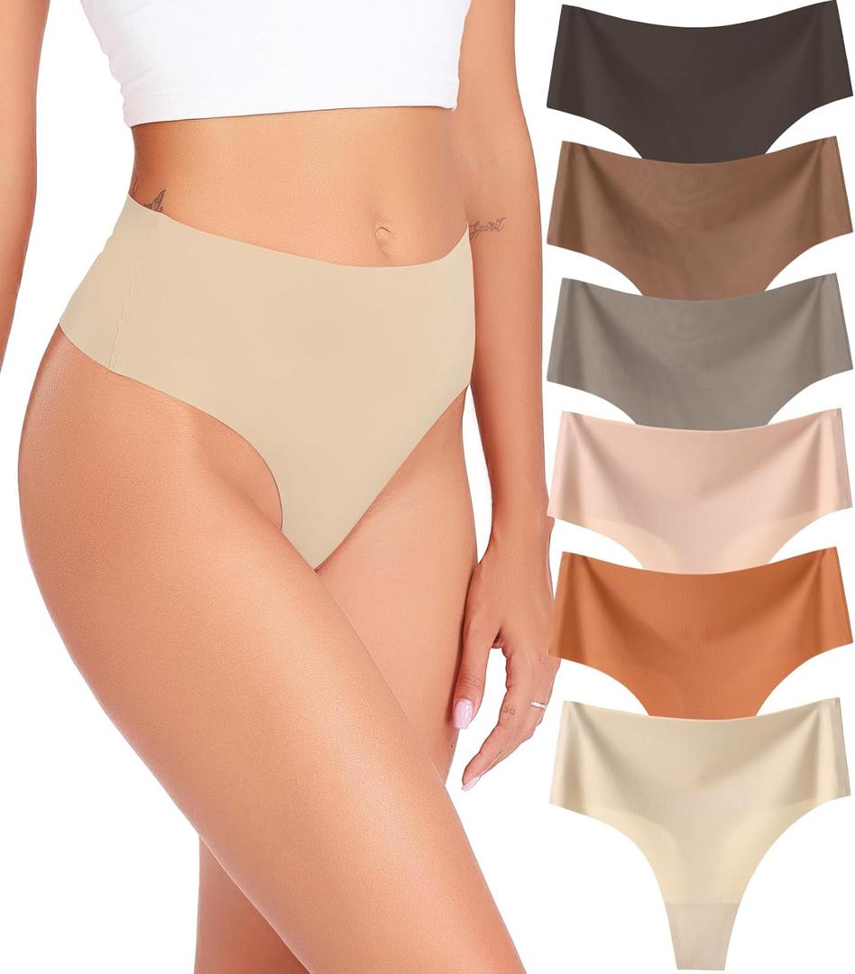 Wealurre Womens Underwear High Waisted Seamless Thongs for Women Breathable No Show Panties for Ladies 6 Pack (Small, Dark Color)