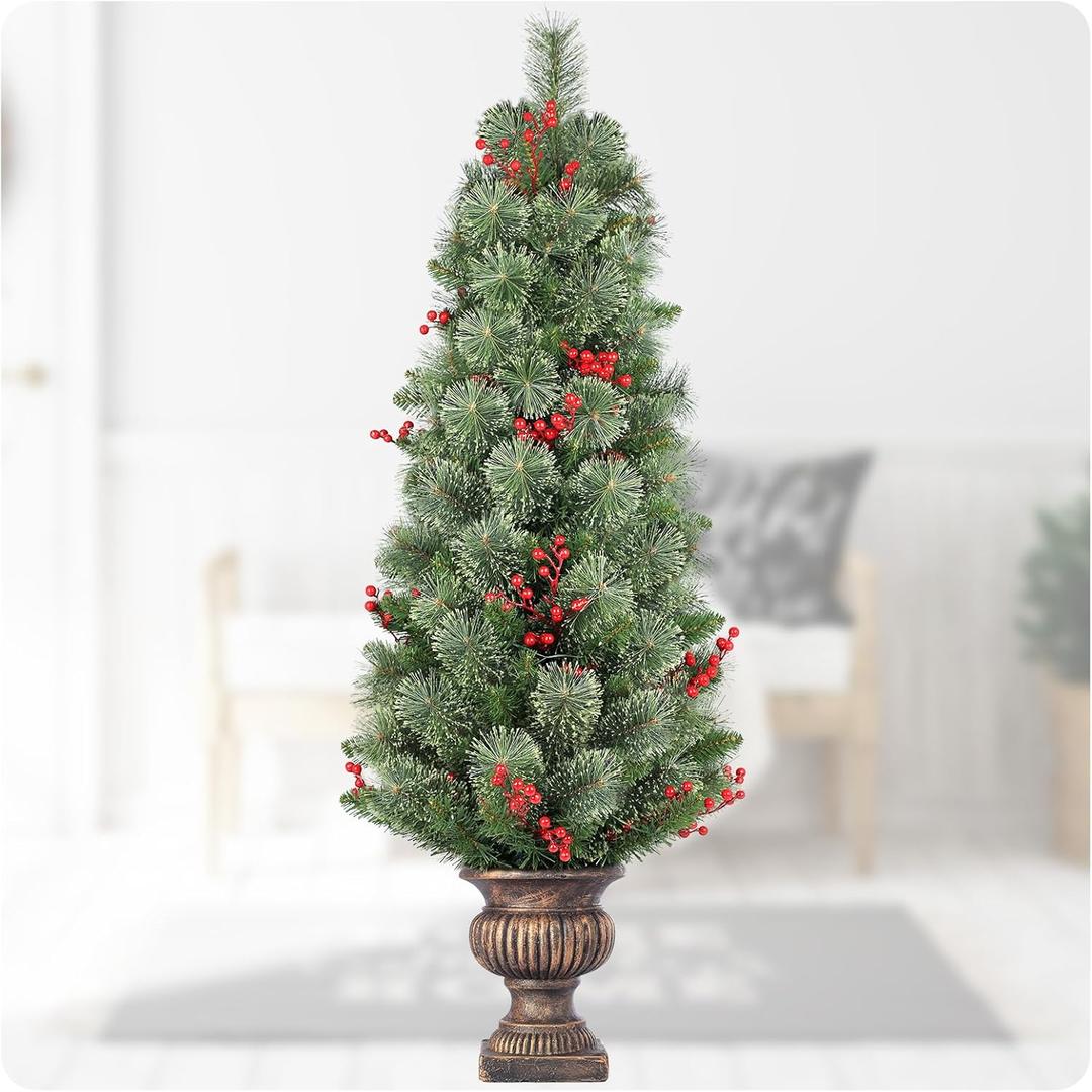 4ft Porch Christmas Tree,Mixed Pine Artificial Entryway Christmas Tree with Berry Clusters  Front Porch Christmas Decorations