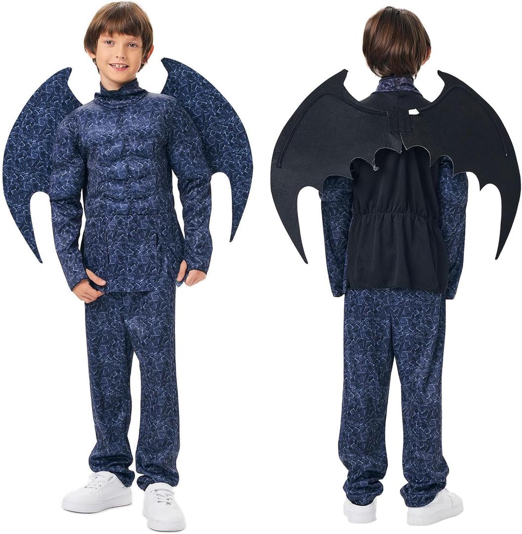 Bat Costume Kids Muscle Suit with Bat Wings for Boys Full Set Outfits Halloween Cosplay (Medium, Blue)