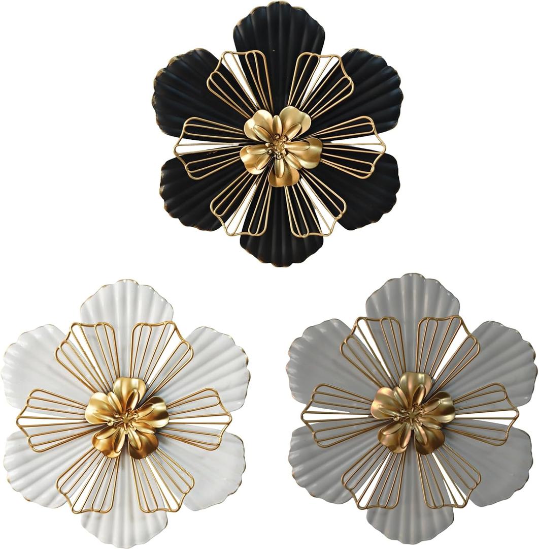 3 x 8 Inch Large Metal Flower Wall Art Multiple Layer Home Decor for Outdoor Bedroom Living Room Office Garden Set of 3