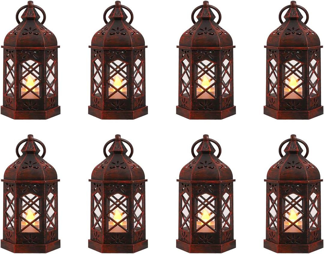 8-Pack Mini Lanterns for Ramadan, Wedding, Festivals, Small Decorative Lanterns with LED Candle for Baby Shower Party, Moroccan Lantern for Table Centerpiece, Medieval Decor, Red Brushed