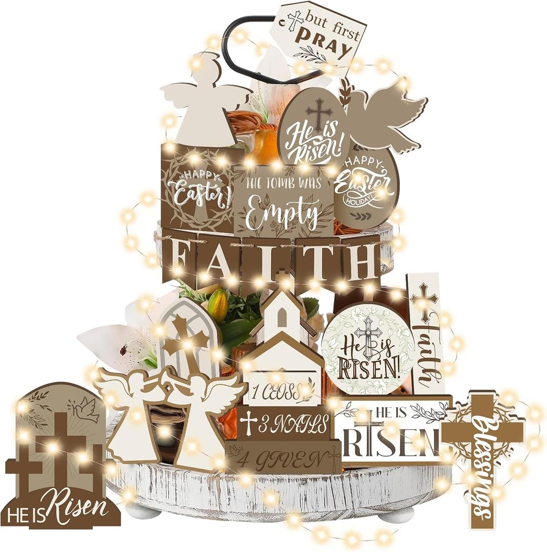 34 PCS Easter Tiered Tray Decor Set He is Risen Jesus Wood Sign with LED Lights Rustic Religious Wood Table Centerpieces Easter Farmhouse Tabletop Sign for Home Kitchen