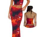WUYLT Two Piece Maxi Skirt Set Women Sexy Floral Tie Dye Halter Top Long Skirts Vacation Sets Summer Outfits Suits 2026 Orange Red Small