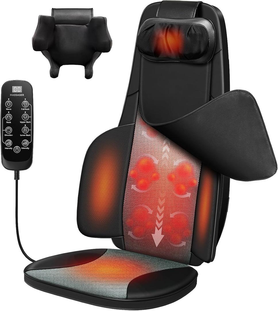 Flekzo Back Massager for Chair with Heat, Shiatsu Neck and Shoulder 4D Kneading Deep Tissue Massage Chair Pad, Electric Portable Seat Cushion for Muscle Back Pain Relief Home Office Use, Black