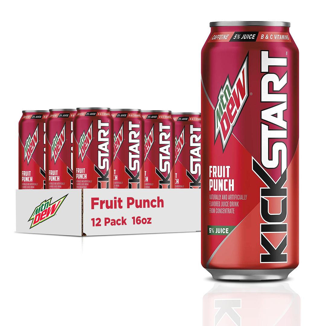 Mountain Dew Kickstart, Fruit Punch, 92mg Caffeine, Vitamins B & C, 80 Calories, 5% Juice, 16 fl oz (12 Count) best use by 06/22/2026