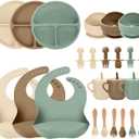 24 PCS Silicone Baby Feeding Set, Baby Led Weaning Supplies Includes Suction Bowls and Divided Plates, Adjustable Silicone Bib, Spoons&forks, Training cup with straw (Green+Brown+Beige)