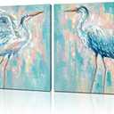 Blue Heron Canvas Wall Art: Set of 2 20" X 20" Coastal Wall Decor Picture Beach Wall Art Sea Birds Poster and Print Large Framed Egret Pictures for Bathroom Bedroom Living Room Office Decorations