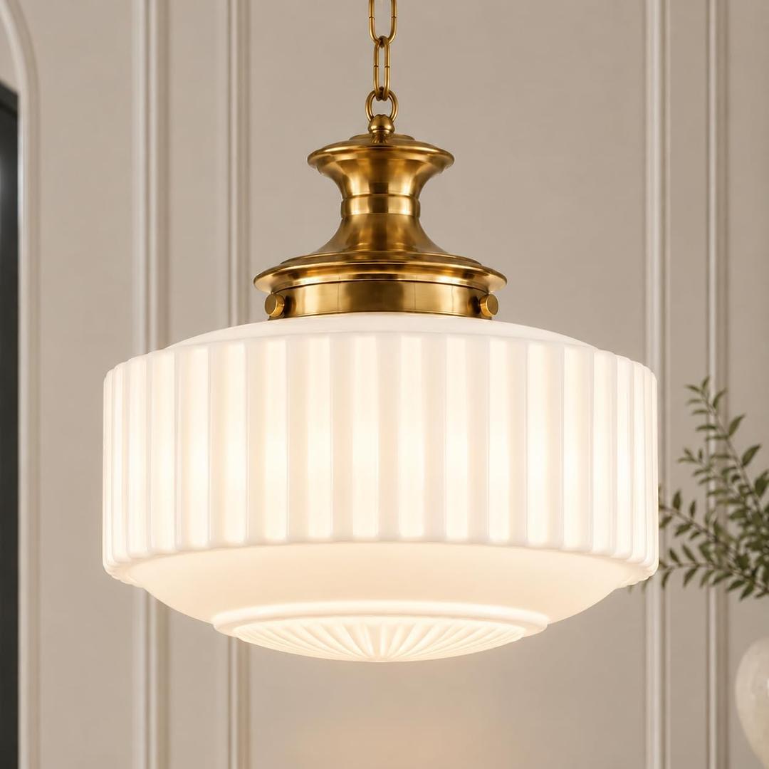 Vintage Pendant Light Fixture for Kitchen Island, Antique Brass Hanging Light with 13.8" Ribbed Milk White Glass Shade, Adjustable Chain Pendant Lighting for Dining Room, Entryway, Foyer, E26 Base