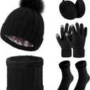 SATINIOR 5 Pcs Winter Satin Lined Hat Scarf Gloves Set Knit Pompom Beanie Warm Touchscreen Glove Earmuff Ear Warmer for Women (Black)