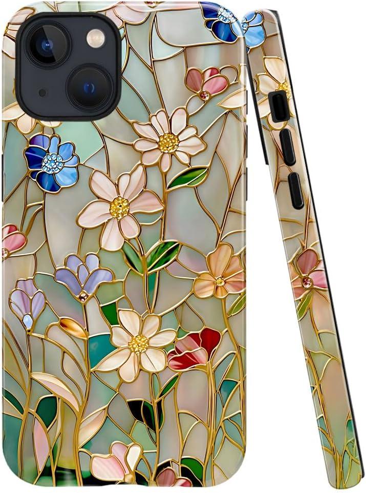Case Compatible with iPhone 15 Plus,Fall Prevention Bright Hybrid 2-Layer Hard Shell Phone Case for Girls Boys,Stained Glass Bloom Flower