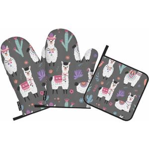 Alpaca Oven Mitts and Pot Holders Sets Lovely Animal Ethnic Style Heat Resistant 3pcs for Cooking Baking BBQ