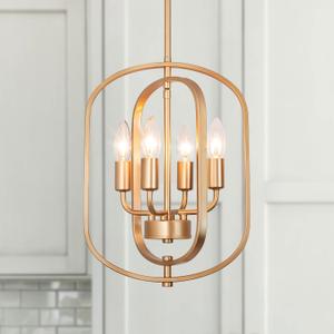 JHLBYL Gold Chandelier Light Fixture, 4-Light Modern Farmhouse Chandeliers for Dining Room Lighting Fixture Industrial Ceiling Pendant for Kitchen Island Living Room Bedroom Entryway