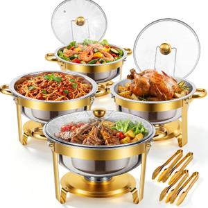 ALSO GO Chafing Dish for Buffet, 7QT 4 Pack Gold Round Chafing Dish Set with Glass Lid, Stainless Steel Serving Tray, Water Pan, Stand, Fuel Holder, Food Warmer for Party, Gathering, Banquet, Wedding