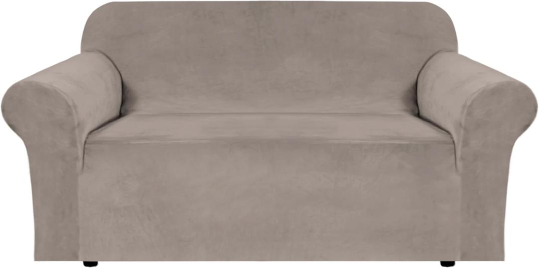 H.VERSAILTEX Stretch Velvet Loveseat Covers for 2 Cushion Couch Covers for Living Room Sofa Covers Slipcovers with Non Slip Straps Bottom, Ultra Thick Comfy Velour (Width 58"-72", Taupe)
