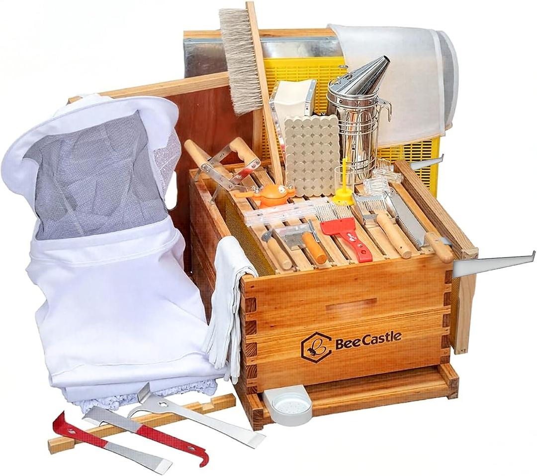 BeeCastle 8-Frame Bee Hives and Supplies Starter Kit,Beehive Kit Dipped in 100% Beeswax,Bee Keeping Supplies-All Beginners Kit Includes Beekeeping Supplies Tool Set and Bee Suit.