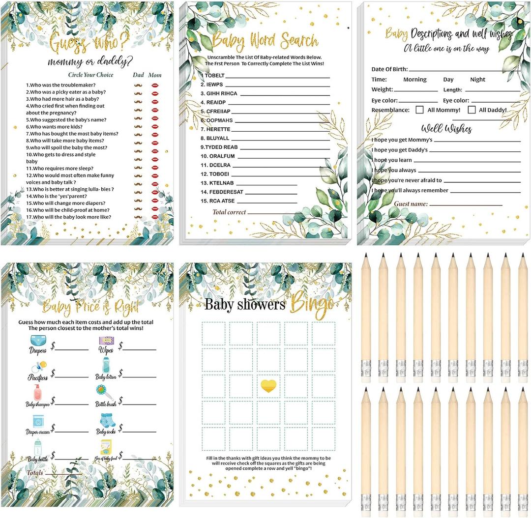 Yinder 145 Pcs Baby Shower Games Activities Cards with 20 Pencils Includes Baby Bingo Description and Wishes Guess Who Price is Right Word Scramble Game(Green Leaves)
