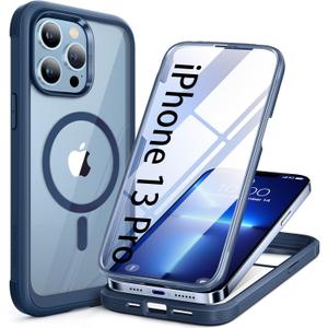 Miracase Magnetic Glass for iPhone 13 Pro Case,Compatible with MagSafe,Full-Body Bumper with Shockproof Military-Grade,Built-in 9H Tempered Glass Screen Protector for iPhone 13 Pro,Dark Blue