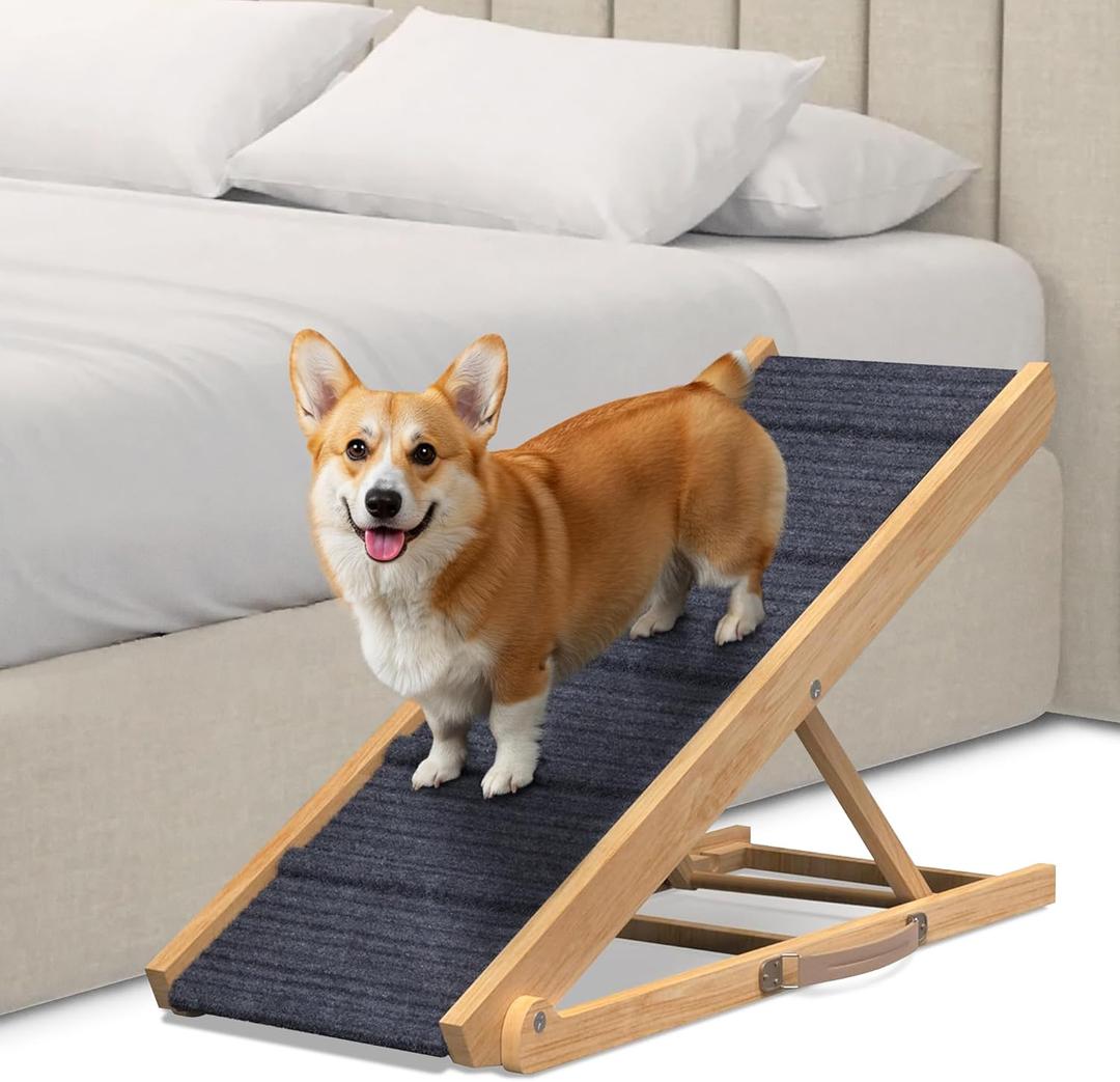 Adjustable Dog Ramp for Bed - Foldable Wooden Ramp for Dogs to Get on Bed, Couch, or Car with 13.4" Wide Walking Space (Natural Wood with Gray Carpet, Medium)