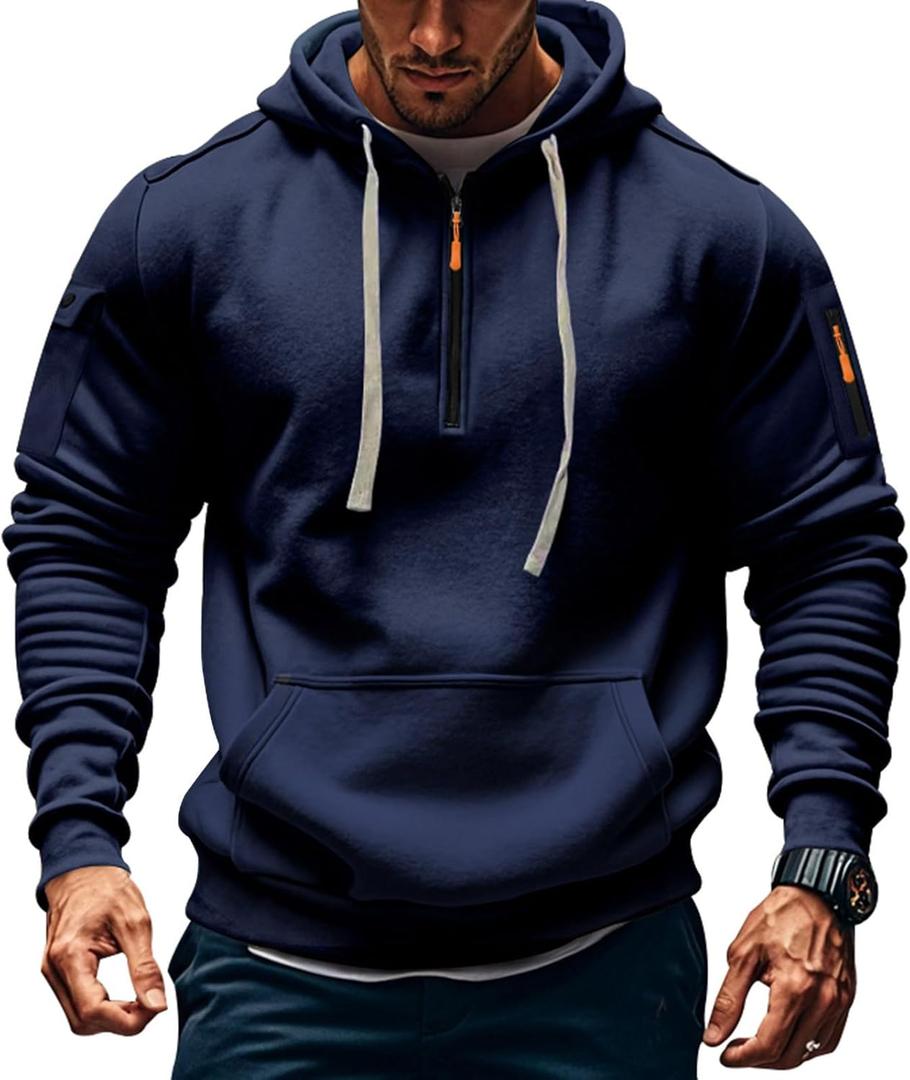 Men's Fleece Workout Athletic Pullover Hoodie Long Sleeve Basic Quarter Zip Pullover Sweatshirt with Kanga Pocket (XX-Large, Navy-1)