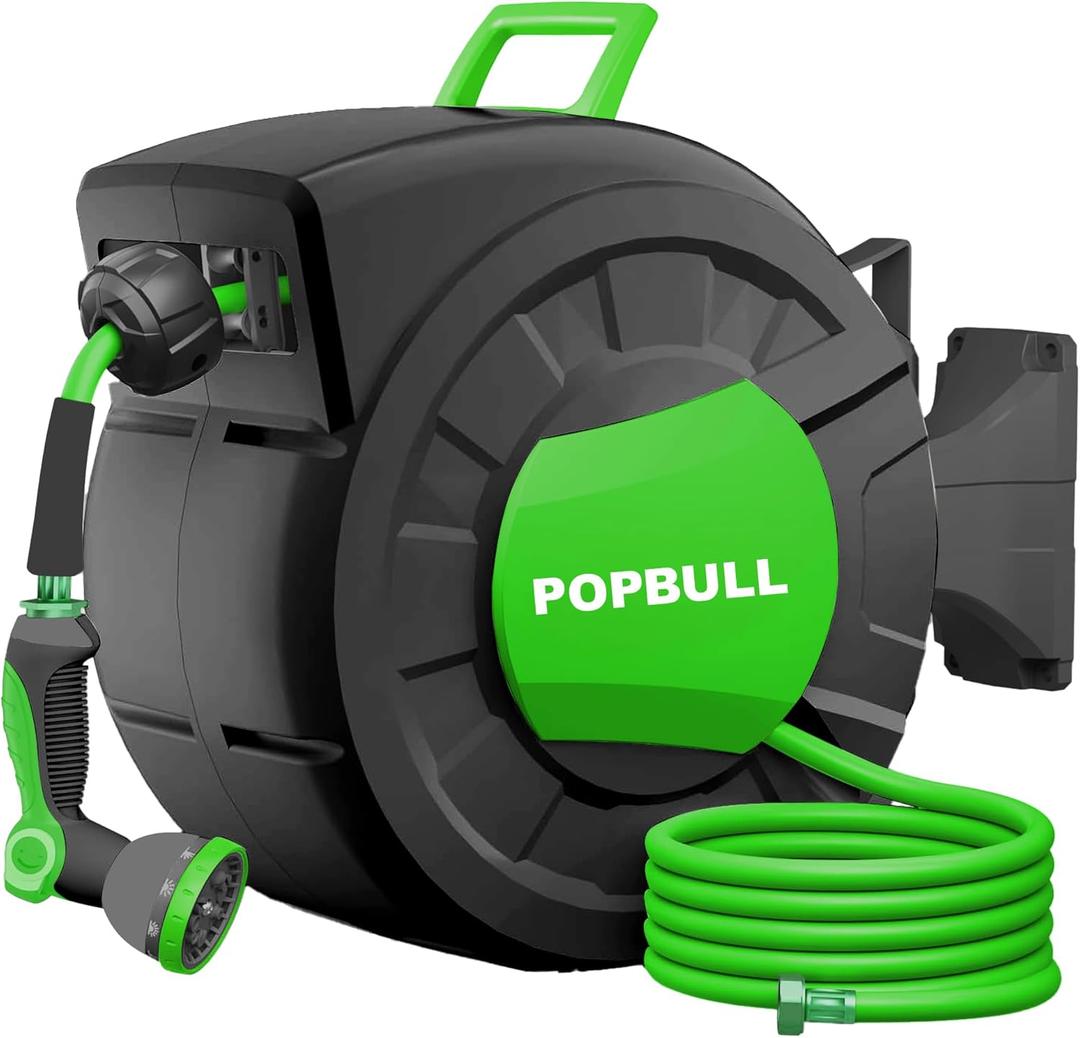 Retractable Garden Hose Reel,1/2 in x 100ft (Green) Wall Mounted Hose Reel, with 12- Function Sprayer Nozzle, Any Length Lock/Slow Return System/Wall Mounted/180Swivel Bracket