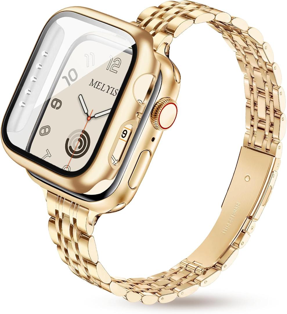 Melyis Slim Metal Band with Case Fits Apple Watch Bands for Women 41mm, Thin Stainless Steel iWatch Bands for Women, Dressy Band for Apple Watch with Screen Protector Series 9 8 7, Gold