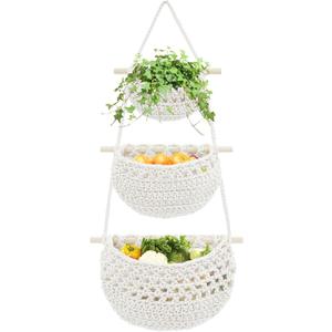3 Tier Hanging Fruit Basket, Cotton Woven Wall Hanging Basket for Organizing Fruit Vegetable Storage, Boho Wall Baskets for Kitchen Bedroom Living Room