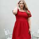 OFEEFAN Women Puff Sleeve Square Neck Tie in Back Dresses with Zipper (Red, XXL)