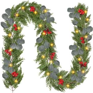 6Ft Prelit Cedar Christmas Garland Artificial Realistic Cypress Pine Needles Garland with Red Berrieies Eucalyptus Leaves LED Lights Faux Greenery Decoration for Fireplace Mantel Xmas Indoor Dcor