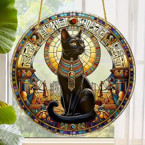 Buster The Cat Stained Glass Window Hangings with Chain  Acrylic Black Cat Ornament for Garden, Patio and Indoor Decor, Housewarming Gift for Mom, Grandma and Animal Love
