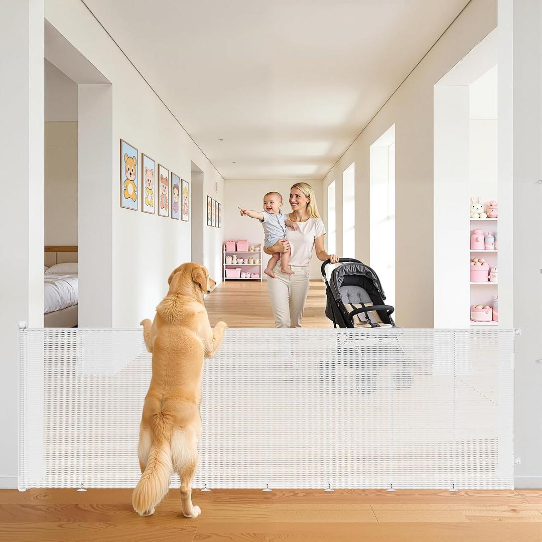 Retractable Baby Gate for Stairs, 42" Tall x 200" Wide Mesh Dog Gate Indoor, Child Gate for Doorways, Hallways, Deck, Indoor Outdoor Pet Baby Safety Essentials for Home, White