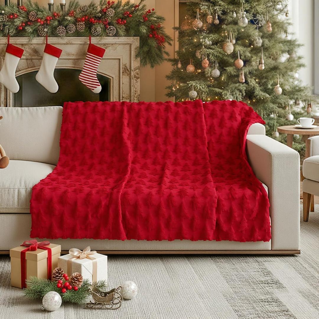 Horaldaily Christmas Blanket Throw, Red Christmas Tree Soft Fuzzy Plush Faux Fur Cozy Blankets for Couch Sofa Bed Lounging, Ideal Gifts for Kids Adults Wife Self, 50x60