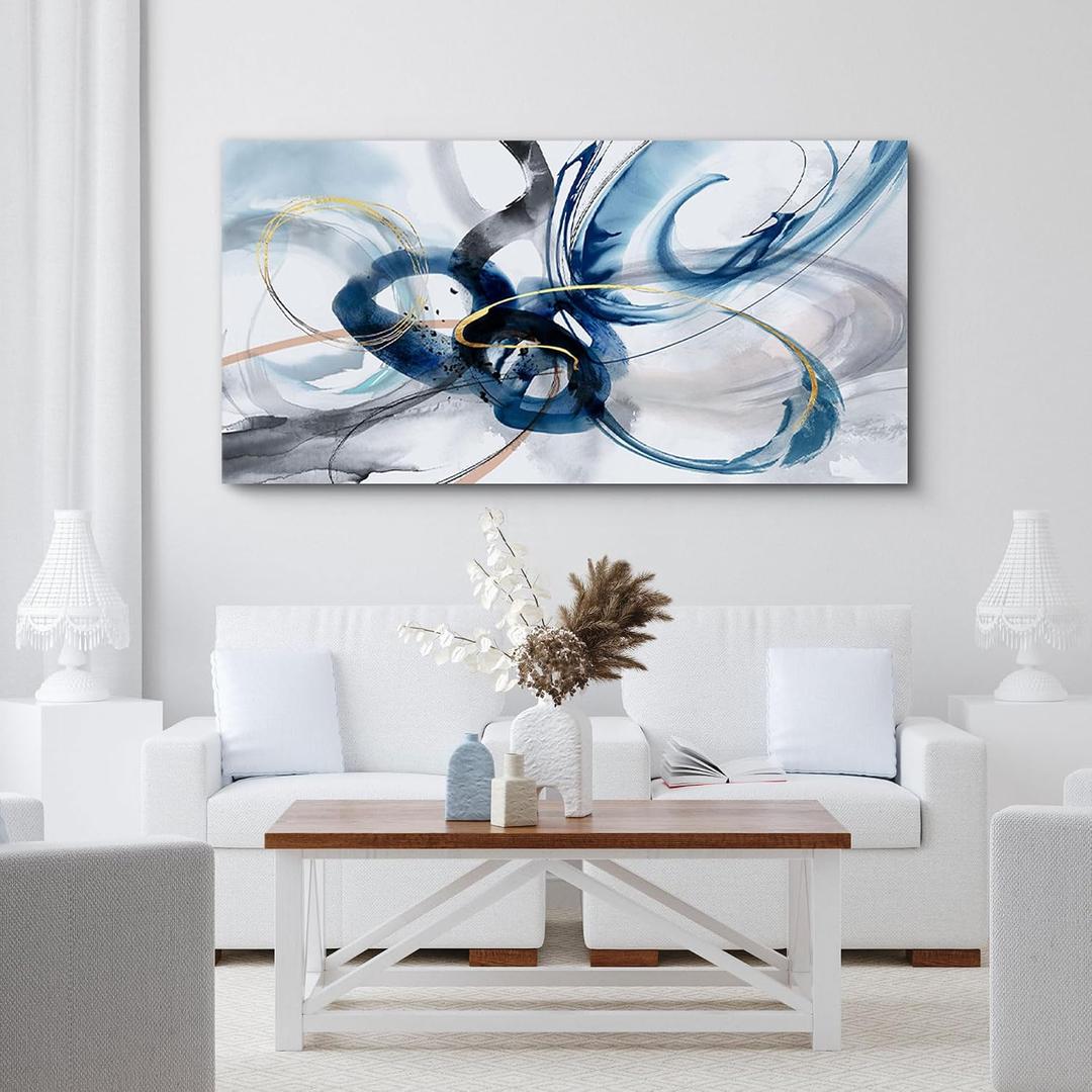 yiijeah Modern Large Abstract Wall Art - Bright and Bold Line Design - Blue and White Canvas Picture Artwork Wall art for living room and office Oversized Abstract wall Decor 58"L x 29"W, Blue