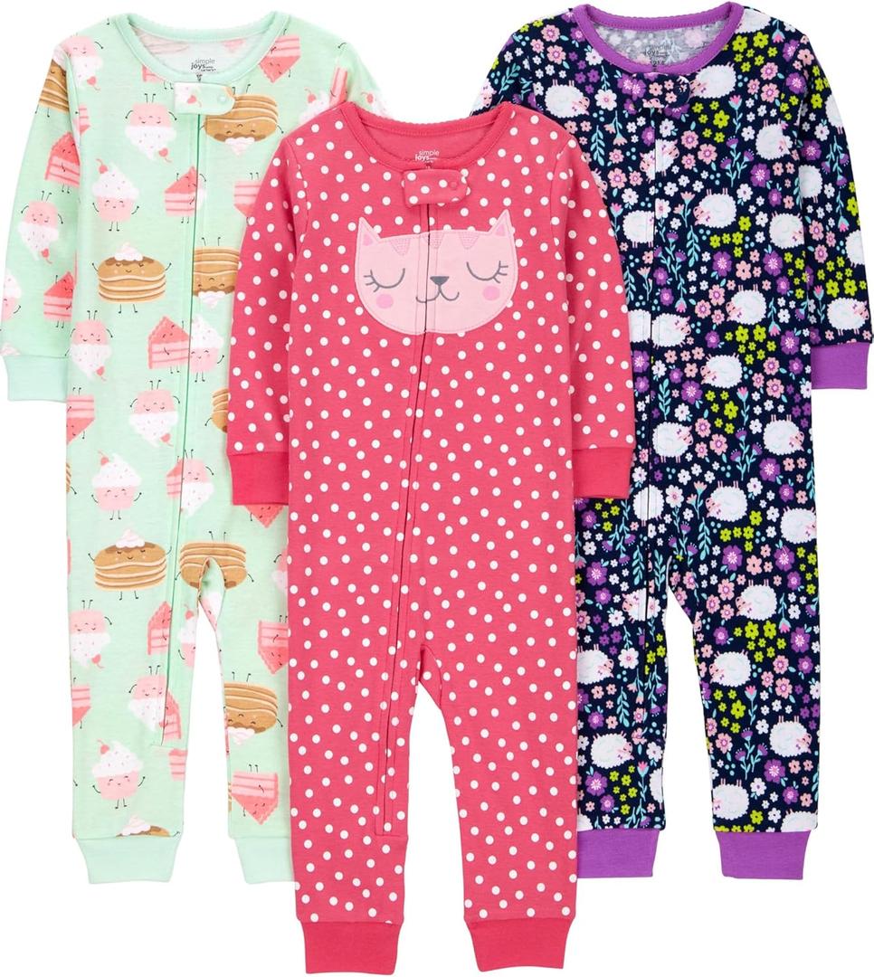 Simple Joys by Carter's Kids' 3-Pack Snug Fit Footless Cotton Pajamas (Sweets/Floral/Kitty)