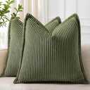 decorUhome Spring Corduroy Olive Green Throw Pillow Covers 16x16 Set of 2 Decorative Soft Boho Farmhouse Couch Pillow Covers for Living Room Bed Sofa Broadside Striped Pillow Cases
