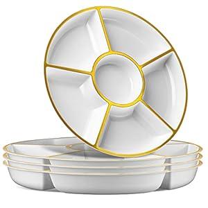 Plasticpro 6 Sectional Round Plastic Serving Tray/ Platter (2, White & Gold) 