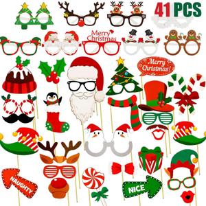 41PCS Christmas Photo Booth Props Party Glasses Set, Christmas Party Supplies Pose Sign Kit for Adults Kids Party Decorations, Party Eyeglasses Xmas Props for Photoshoot Selfie