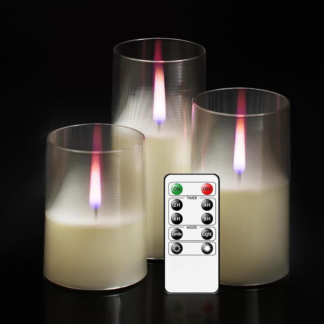 Flameless Candles Upgraded Realistic Flickering Flame,Battery Operated LED Candles with Remote Timers,Acrylic Electric Candles Set of 3(D 3" xH 4" 5" 6")Ivory