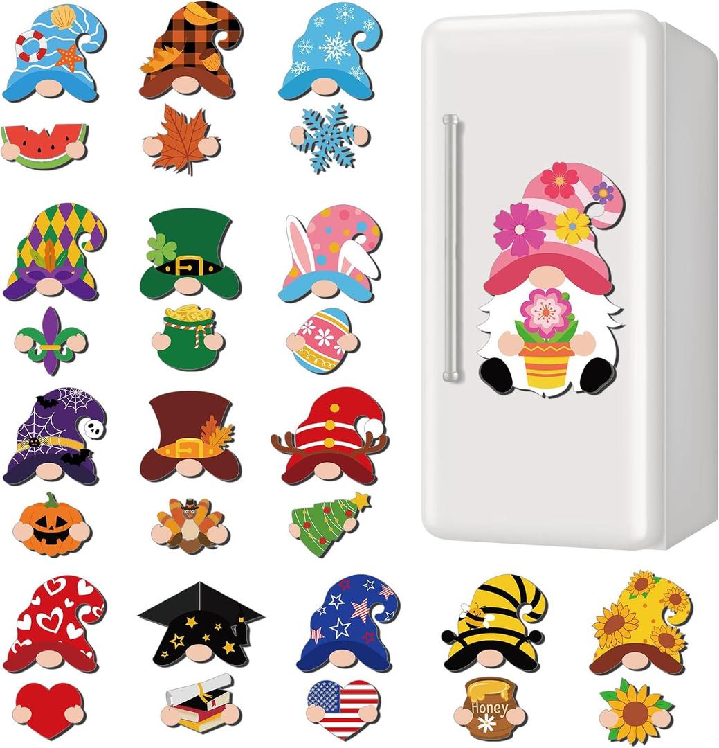 Capoda Interchangeable Spring Valentines Day Gnome Magnets Seasonal Gnomes with 30 Changeable Outfits DIY Holiday Changing Magnetic Decor Signs for Home Office Fridge Car Holiday Decorations