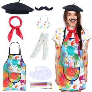 Kyson Artist Costume for Adult 8 Pcs Painter Halloween Dress Up with Beret Apron Palette Paint Brushes Earrings Bandana Beard